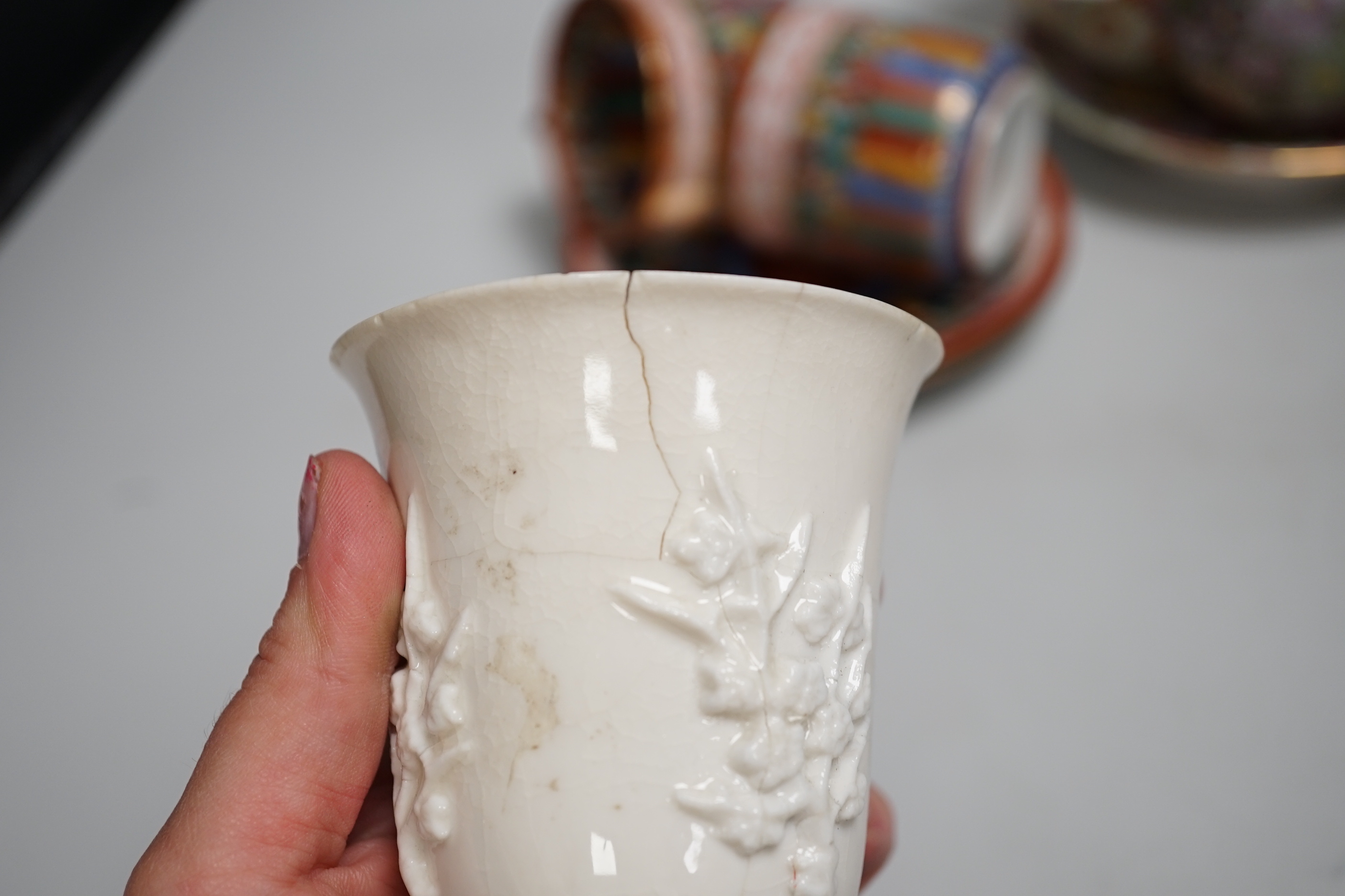 A group of various Japanese ceramics to include kutani and egg shell teawares, a Chinese crackle glaze jardiniere and another, a Chinese crackleware bowl and a blanc de chine cup